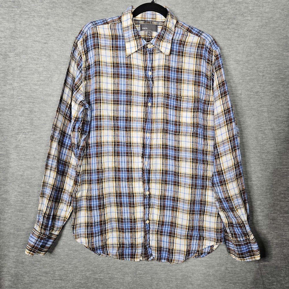 Vince 100% Linen Multi Color Plaid Check Button Up Long Sleeve Shirt Size L